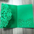 Elegant green laser-cut lace wedding invitation cover with intricate floral patterns - Dark Green