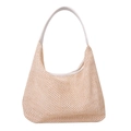 Schicke beige gewebte Strandtasche mit weißen Lederriemen und hohlem Strickdesign - Gebrochenes Weiß