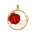 Pendentif cœur en laiton doré avec coquillage rouge, étoile de mer et zircon brillant - Pendentif Rond Thème Océan Rouge