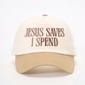 Gorra bicolor crema y caqui con bordado JESUS SAVES I SPEND de alta calidad - Talla única / Blanco Roto/Caqui Oscuro