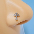 Silver cross nose ring with white zircon stones displayed on a realistic nose model - Silver Cross (4858)