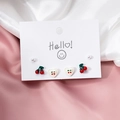 Three-pair earring set featuring red cherries, white hearts, and small faux pearls - Cherry Heart Pearl Studs 3-Pair Set