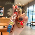 Cute brown capybara keychain with red scarf and colorful capybara printed hand strap - Capybara with Red Scarf
