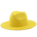 Detail showing bright yellow woven jazz hat with sparkling rhinestones and wide brim - M (56-58cm) / Yellow