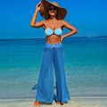 Blue strapless bikini top with gold buckle and matching navy sheer beach cover-up pants - S / Sky Blue Three-Piece Set