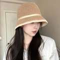 Brown knit bucket hat for women featuring a white decorative band and scallop edge - L (54cm-58cm) / Khaki Stripe