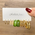 Gold 6 Pairs Set (Pearl/Green Resin Combo)(HS739-1)