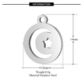 Silver stainless steel moon and star pendant charm, 14mm size, minimalist design - Star Moon Round