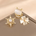Golden clover and cat brooches with opal stones and pearls for elegant clothing styling - Clover + Cat's Eye + Snowflake Set