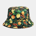 Close-up of fruit pattern bucket hat showing lemon and orange print on black cotton fabric - Yellow Peach Black