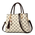 Borsa beige a fiori con motivo a quadrifoglio, manici marroni e dettagli dorati - Stile Beige (Finiture Caffè Scuro)