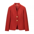 Women's red long sleeve V-neck blazer with decorative gold hardware buttons in flat lay - S / Red Top