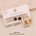 Dreiteiliges Edelstahl-Ohrring-Set in Gold mit Herz, schwarzem Stein und Kristall-C-Reifen - Rund / Goldene Perle / Hoop