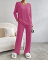 Close-up of rose red knit loungewear set with ribbed texture and loose V-neck top - Rose Red