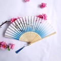 Bamboo folding fan with blue-white gradient, plum blossom patterns and blue tassel - Blue & White Gradient Plum Blossom Butterfly Style
