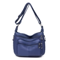 Retro deep blue soft leather shoulder bag with multiple zippers and adjustable strap - Blue