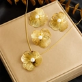 Golden flower jewelry set with pearls and zircon studs on a sleek snake chain necklace - 3pcs Set Necklace Earrings Ring-White Pearl (N2867 E6104 R485)