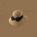 Women's wide brim straw sun hat in light brown with a black ribbon bow decoration - Adjustable / Khaki-Big Black Bow