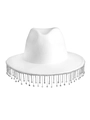 Close-up of white cowboy hat featuring shimmering silver rhinestone fringe trim - White Tassel Style