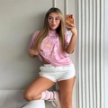 Pink short sleeve T-shirt with ocean theme print and white sports shorts outfit set - S / Pink
