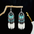 Bohemian silver long tassel earrings with turquoise beads and feather pendants - Blue