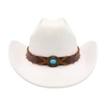 Sombrero vaquero de fieltro blanco con banda de cuero trenzado y piedra turquesa - Talla única / Blanco (Cuerda Cruzada)