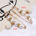 Safety pin waist buckle with elegant white pearls and rhinestones in gold alloy finish - Honeycomb Textured Pearl Ball Style