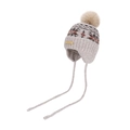 Beige knitted earflap winter hat with Fair Isle patterns and faux fur pompom decoration - Khaki