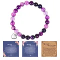 Detailed view of 8mm purple natural stone bracelet with heart charm and card - Purple Stripe Agate