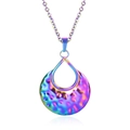 Macro detail of rainbow stainless steel hammered pendant necklace with glossy colorful finish - Pendant Necklace / Colorful
