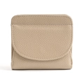 Women's short khaki leather wallet with litchi grain texture and secure RFID flap closure - Beige