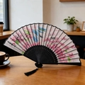 Chinese style folding fan with cherry blossom pattern and elegant black tassel - Style 41 (New Style)