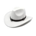 Détail d'un chapeau de cowboy blanc en laine avec ruban en cuir brun et rivets en métal - M (56-58cm) / Blanc