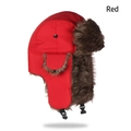 Detailed side view of red winter trapper hat with warm brown faux fur lining and chin buckle - 56-60cm / Red