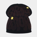 Dettaglio berretto in maglia grossa con testo jacquard caffè e stelle gialle ricamate - M (56-58cm) / Nero con lettere marroni