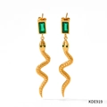 Elegant gold snake earrings with emerald green rectangular glass pendant accents - Gold Green Zirconia Style (KDE919)