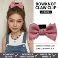 Pink satin bow hair claw clip for women, 12cm width butterfly design hair accessory - Pink Satin Bow Square Style Claw Clip / Pink