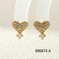 Macro view of gold heart stud earrings with white zircon micro-pave and large crystal - Full Zirconia Heart (ER0873-A)