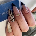 Faux ongles amande avec motif léopard, paillettes dorées et petits strass - Mixte Léopard Paillettes et Français Noir (1XB1-13678)