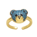 Adjustable golden ring with a cute bear head design paved with blue stones on white base - Adjustable Open / Turquoise