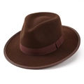 Classic dark brown felt cowboy hat with ribbon band, stylish western jazz fedora style - M (56-58cm) / Coffee