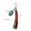 Western style bohemian keychain with turquoise stone silver ornament and colorful suede fringe - Oval Charm