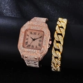 Set orologio dorato quadrato con bracciale di cristalli per donna e numeri romani - Oro Rosa + Braccialetto