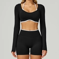 Ensemble de yoga sans couture pour femmes avec haut noir à manches longues et short - S / Long Sleeve+Shorts - Contrast Black/White