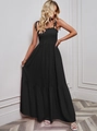 Elegant black strapless maxi dress with pleated bodice and tiered ruffle skirt for summer - S / Black