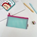 Close-up of contrast mesh pencil case with zipper and brand label on a desk setup - Green