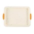 Rectangular cream silicone brownie pan with colorful sprinkles and orange handles - Cream White with Colorful Dots