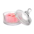 Pink velvet powder puff with bow knot inside a vertical stripe embossed glass jar - 1 Pink 90*30MM (In Glass Jar)