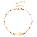 Golden chain bracelet with colorful beads and cross pendant, featuring adjustable closure - 18K Gold Plated Colorful Beads Cross (Stainless Steel)