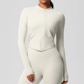 Women's cream white brushed yoga set with slim fit zip jacket and high waist leggings - Light Ivory